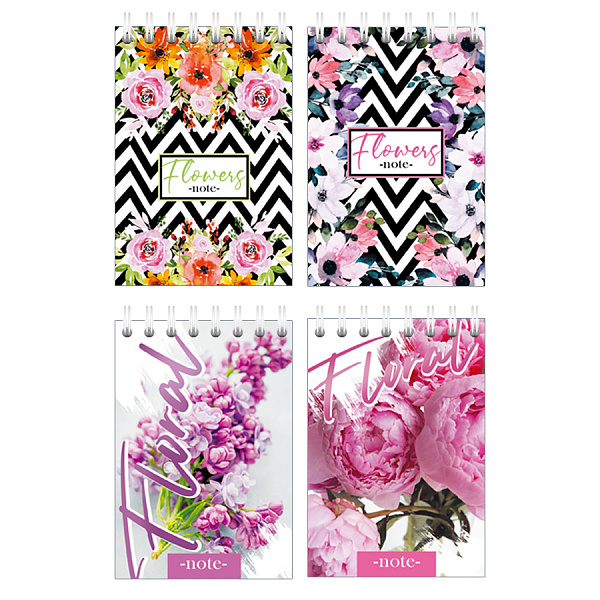 БЛОКНОТ 40 Л, А7, FLORAL, АССОРТИ, НА ГРЕБНЕ /60/240/
