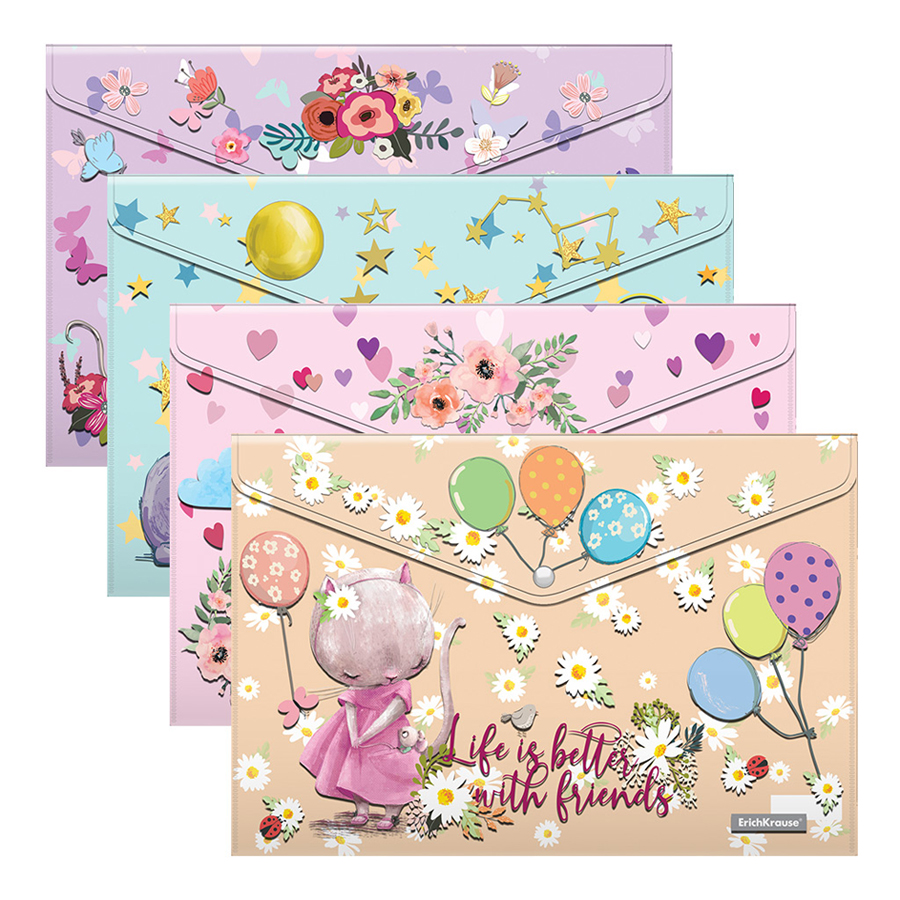 КОНВЕРТ ПЛАСТ. НА КНОПКЕ, A4, ЕRICHКRAUSE® CUTE ANIMALS, 0.16 ММ, НАБОР 04ШТ, АССОРТИ /60/
