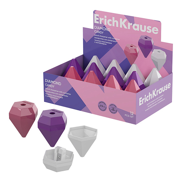 ТОЧИЛКА ПЛАСТ. ERICHKRAUSE DIAMOND, CANDY, С КОНТЕЙНЕРОМ, АССОРТИ, ДИСПЛЕЙ /12/192/