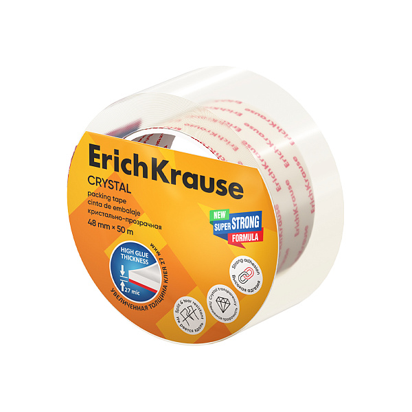 Клейкая лента упаковочная ErichKrause Кристально прозрачная, 48ммх50м, повышенная прозрачность (в пленке по 1 шт.)