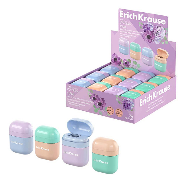ТОЧИЛКА ПЛАСТ. ERICHKRAUSE CASE, PASTEL BLOOM, С КОНТЕЙНЕРОМ, АССОРТИ, ДИСПЛЕЙ /24/288/