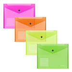 КОНВЕРТ ПЛАСТ. НА КНОПКЕ, А5+, ERICHKRAUSE GLOSSY NEON, 0.18 ММ, ПОЛУПРОЗР. АССОРТИ /12/504/ РФ