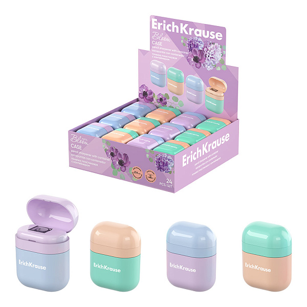 ТОЧИЛКА ПЛАСТ. ERICHKRAUSE CASE, PASTEL BLOOM, С КОНТЕЙНЕРОМ, АССОРТИ, ДИСПЛЕЙ /24/288/