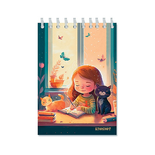 БЛОКНОТ 48 Л, А6, КЛ, ДЕВОЧКА С КОТЯТАМИ, ОБЛ. КАРТ. НА ГРЕБНЕ /160/