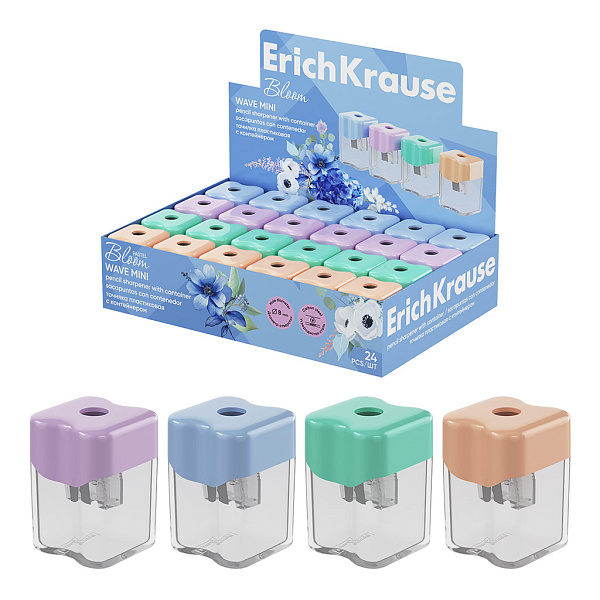 ТОЧИЛКА ПЛАСТ. ERICHKRAUSE WAVE MINI, PASTEL BLOOM, КОНТЕЙНЕР, АССОРТИ, ДИСПЛЕЙ /24/144/