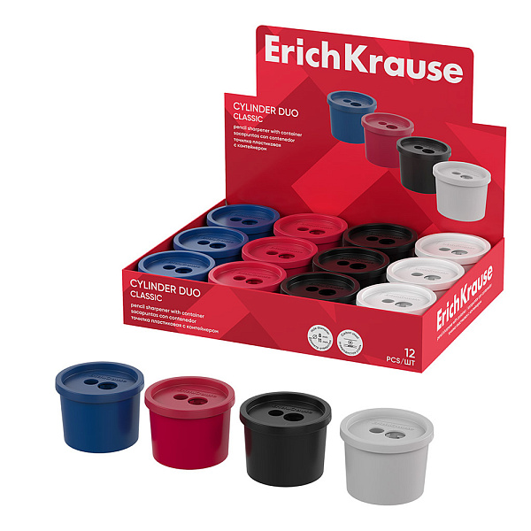 ТОЧИЛКА ПЛАСТ. ERICHKRAUSE CYLINDER DUO, CLASSIC, С КОНТЕЙНЕРОМ, АССОРТИ, ДИСПЛЕЙ /12/120/