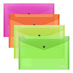 КОНВЕРТ ПЛАСТ. НА КНОПКЕ, A4, ЕRICHКRAUSE FIZZY NEON, 0.14 ММ, ПОЛУПРОЗРАЧНЫЙ, АССОРТИ /12/240/ РФ