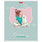 ТЕТРАДЬ 48 Л, А5, КЛ, ХАТБЕР. ДЕВОЧКА С КОТИКОМ, МАТ. ЛАМ. ТИСНЕНИЕ, НА СКОБЕ /5/100/ РФ